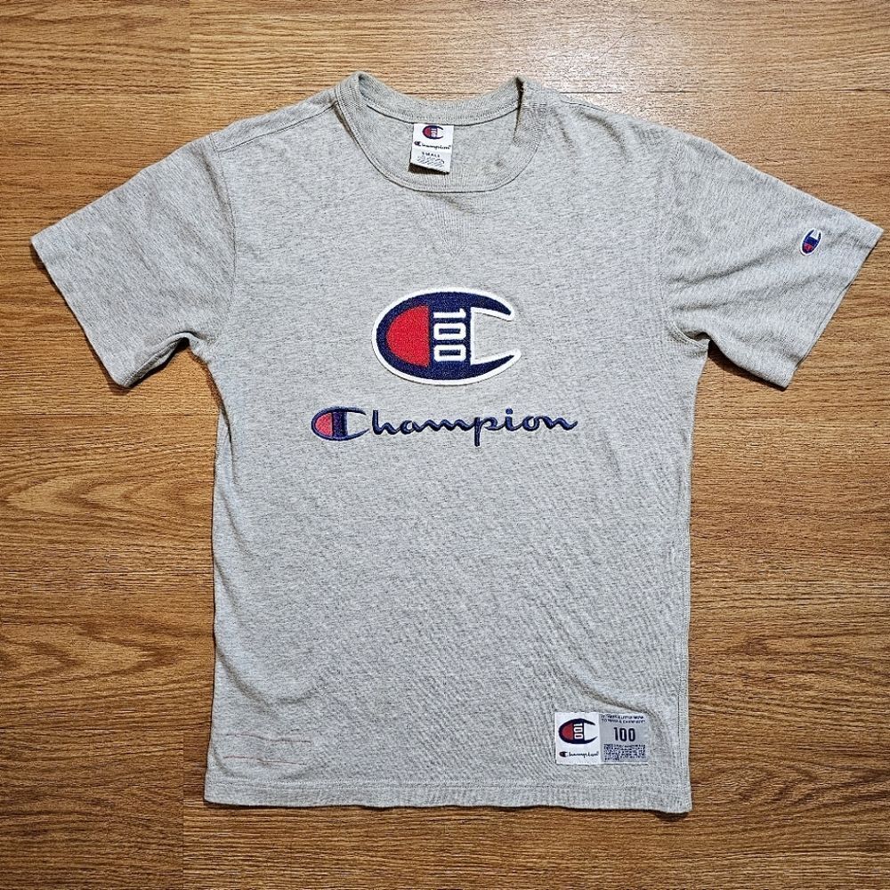 Champion 100 Chenille Logo Heavy Cotton Tee Shirt Grey Blue Men's Small S Rare
